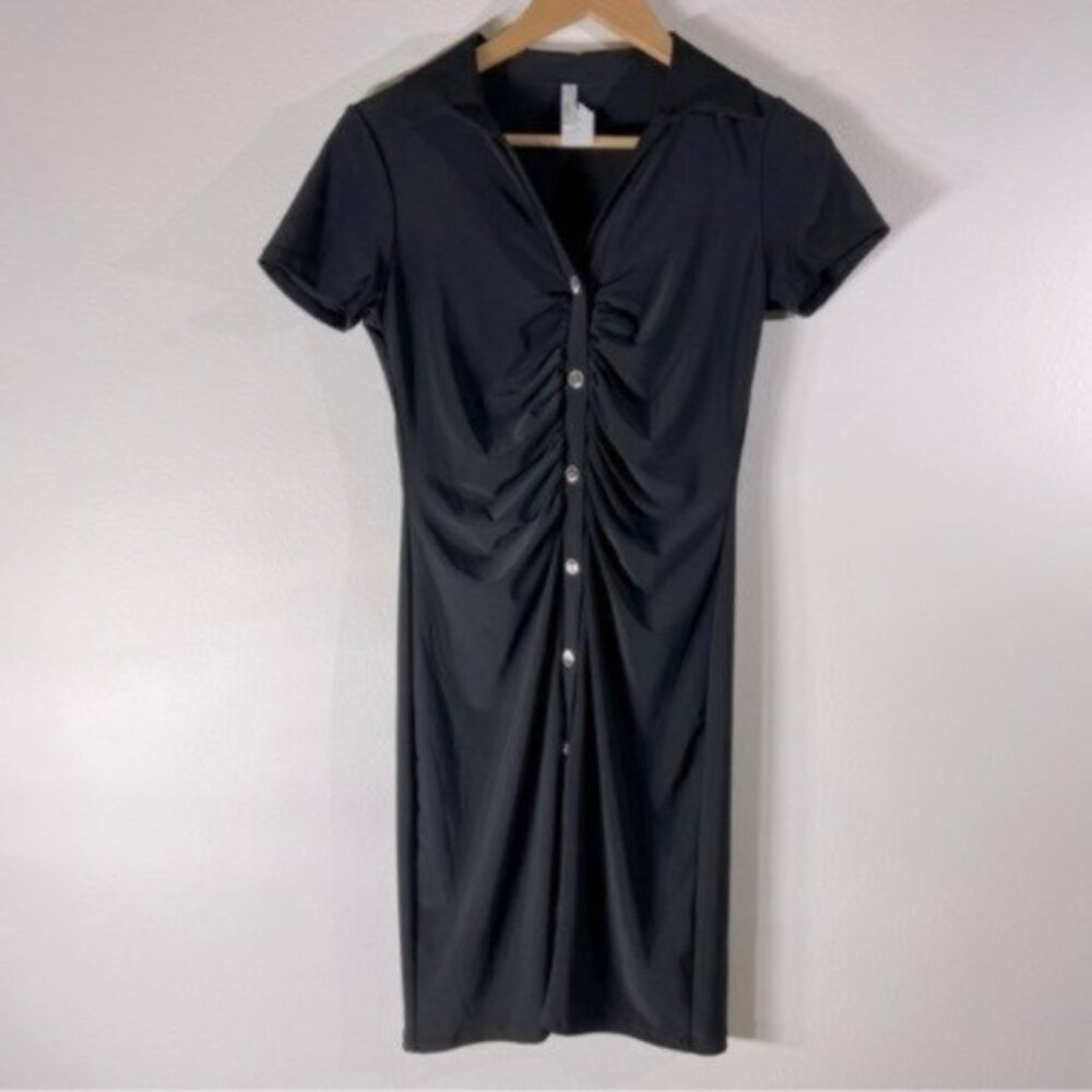 Melon Fashion Women’s Black Ruched Shirt Dress. Size S. Made in USA.